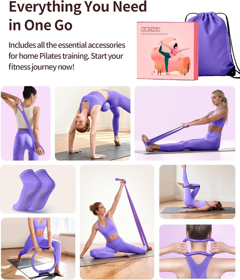 KINTHEA Store Home Pilates Kit for Women, Essentials Pilates Equipment Set with 14‘’ Pilates Ring and Mini Ball, 5 Resistance Bands & Accessories, Tutorial Charts, Pilates Ring Set for Beginners Workout at Home - Image 2